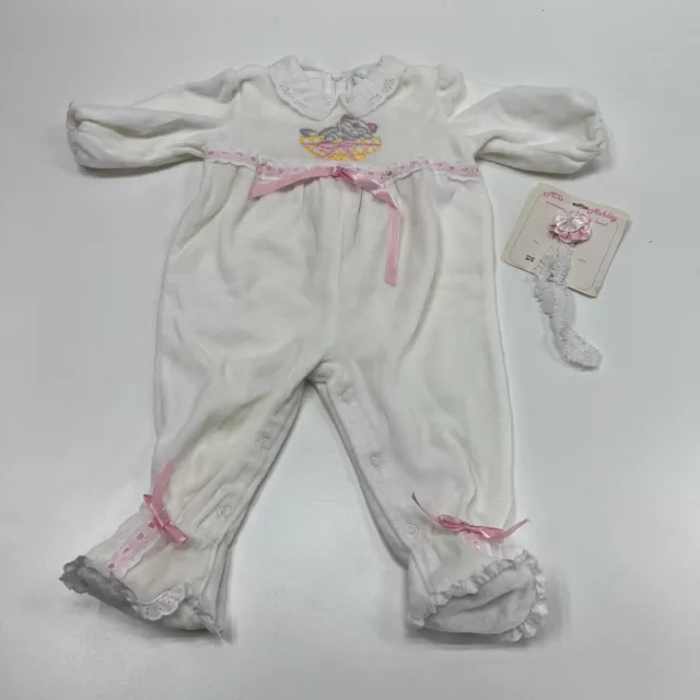 Thomas Baby Girl Romper One Piece White Pink Cat Bows Lace Velour Vtg NWT 6-9 mo