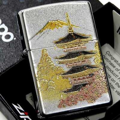 Zippo Japanese Kyoto Temple Five-storied Pagoda Mt. Fuji Japan Silver Lighter