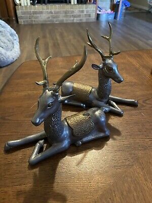 Vintage pair of heavy Solid Metal Deer Buck Laying Figurines Sculpture