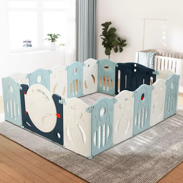 16 Panel Baby Playpen Safety Fence Foldable Toddler Activity Barrier Blue White