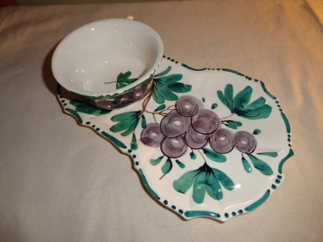 Beautiful White Hand Painted Fruit/ Majolica  Pottery Snack Set Made In Italy