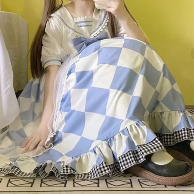 Donne Ragazze Dolce Lolita Abito Rete Midi Quadri Fiocco Marinaio Colletto Fairy