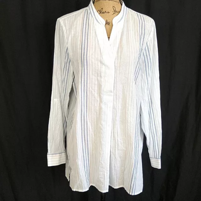 Vince Camuto Womens sz L Top White Blue Striped Semi Sheer Long Sleeve V Neck