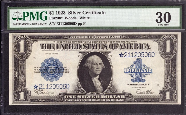1923 $1 Silver Certificate Star Note Fr.238* Woods White Pmg Very Fine Vf 30