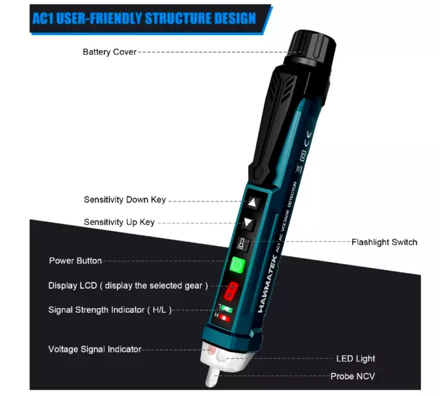 12-1000V Dual Sensitivity Electrical Tester Pen Non-Contact AC Voltage Detector