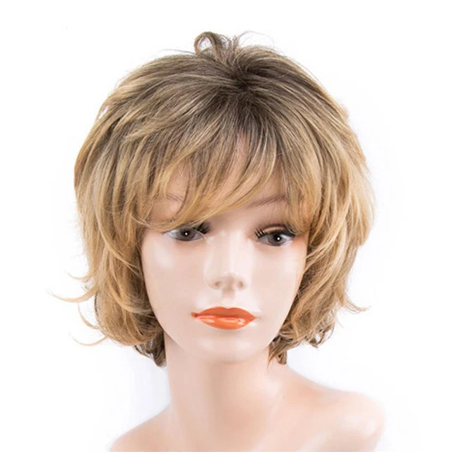 Women Daily Short Bob Natural Full Wig With Fringe Mix Bangs Blonde Brownˇ D8F7