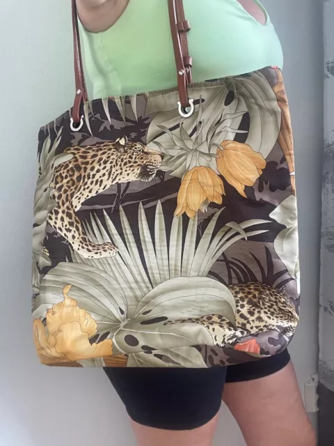 Jungle Print Vintage Canvas Shoulder Bag with Leather Straps, Leopard Tote Bag