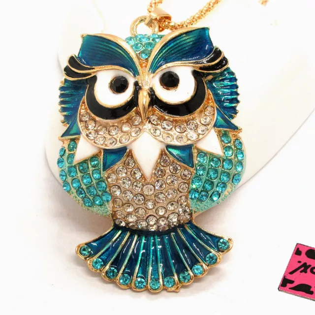New Fashion Women Blue Enamel Cute Owl Crystal Animal Pendant Chain Necklace
