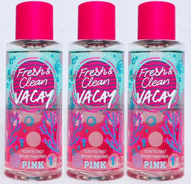 3 Victoria's Secret Pink FRESH CLEAN VACAY Mist Body Spray Perfume 8.4 oz