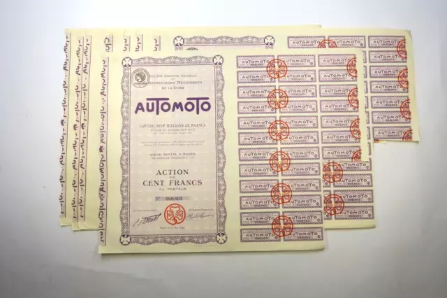 Auto Moto Constructions Mecaniques De La Loire 100 Francs 1924 X 8 Actions