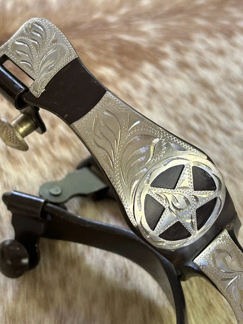 Adult Size Brown Steel Spurs with Engraved Silver and Jingle Bobs On Rowels PAIR 2