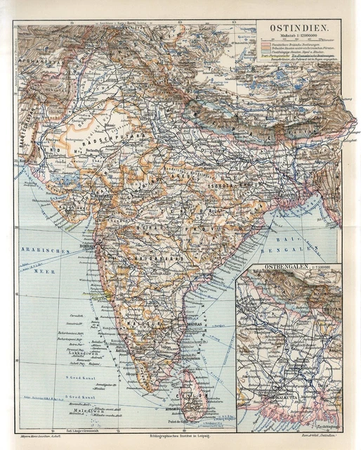1895 INDIA CEYLON SRI LANKA TIBET NEPAL BHUTAN BURMA AFGHANISTAN Antique Map