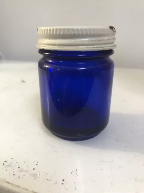 Vintage Vicks VapoRub Cobalt Blue Glass Jar with Metal Lid 2.5 Inches Retro MCM