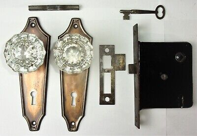 Antique Vintage Door Set Art Deco Backplates Glass Knobs Mortise Lock Key