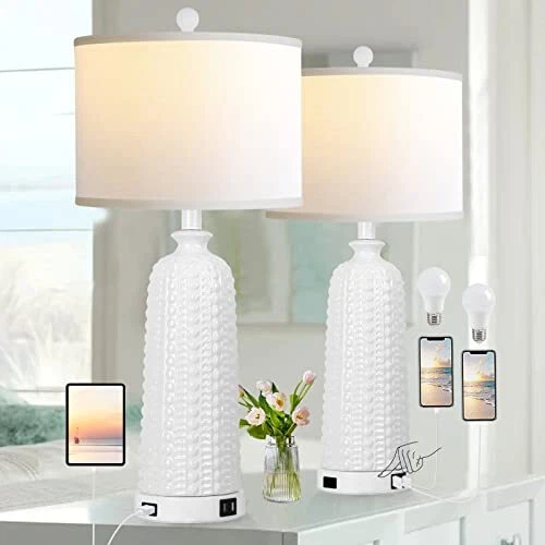 Modern Ceramic Lamps for Living Room Set of 2 Touch Table Lamp with Dual USB ...