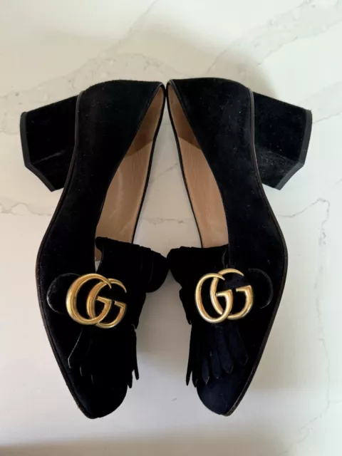 Gucci EU 36 6 Heels Shoes Marmont GG Logo Black Suede Fringe Mid Pumps 2