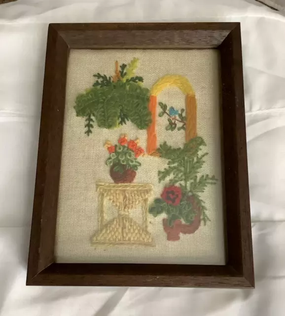 Vintage Finished Crewel Needlepoint Framed Picture Flowers Ferns Gazebo