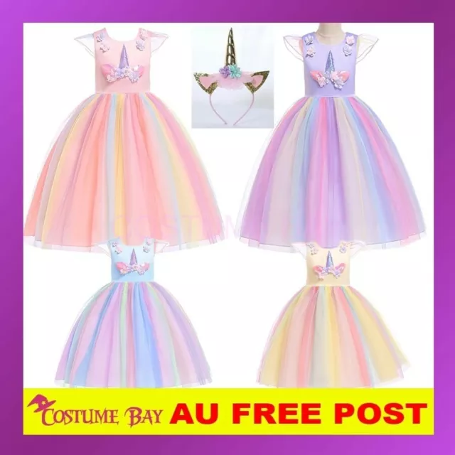 Girls Flower Girl Unicorn Princess Dress Tutu Formal Wedding Birthday Book Week