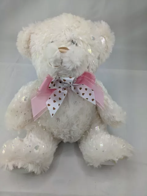 Walmart Bear Plush 12" White Shimmer Hearts Stuffed Animal Toy