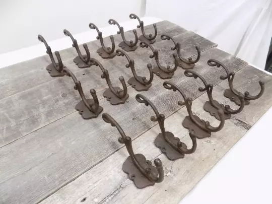 15 Large Cast Iron Bath Hooks Coat Towel Ornate Vintage Rustic Hall Tree Entry
