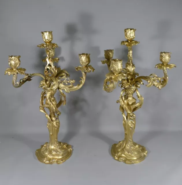Paire De Chandeliers Louis XV Rocaille En Bronze Doré, époque XIX ème