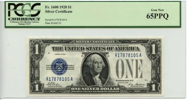 1928 $1 Silver Certificate Blue Seal Fr# 1600 PCGS GEM 65 PPQ