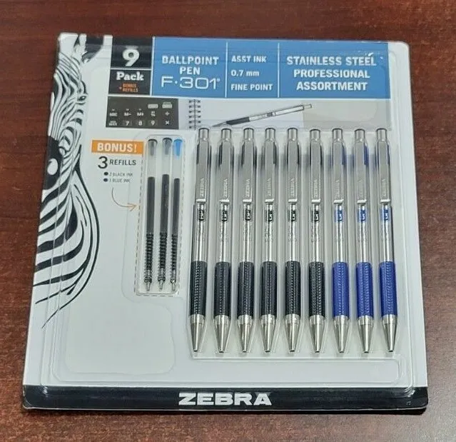 Zebra F-301 F301 Ball Point Pen Fine Ink 0.7mm Stainless Steel Refill Blue Black