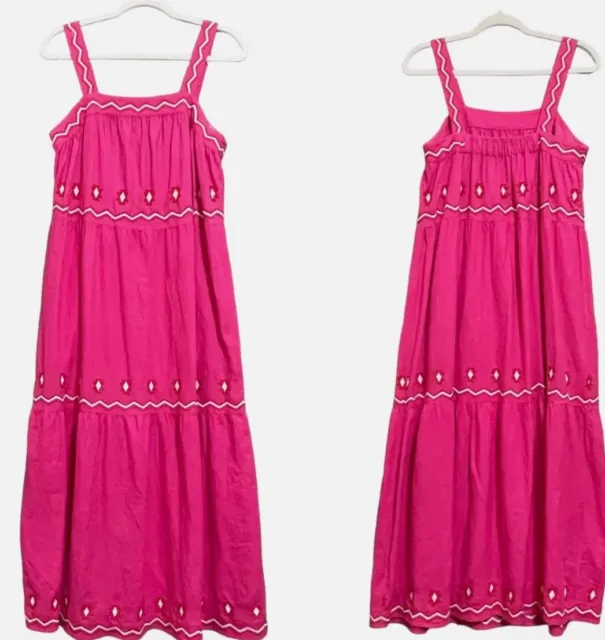 Loft Womens Pink Aztec Embroidered Tiered Sleeveless Linen Maxi Dress Sz Medium