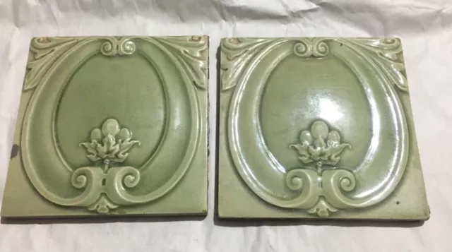 Vintage Ceramic Beautiful Green Porcelain Tiles  2 Pieces