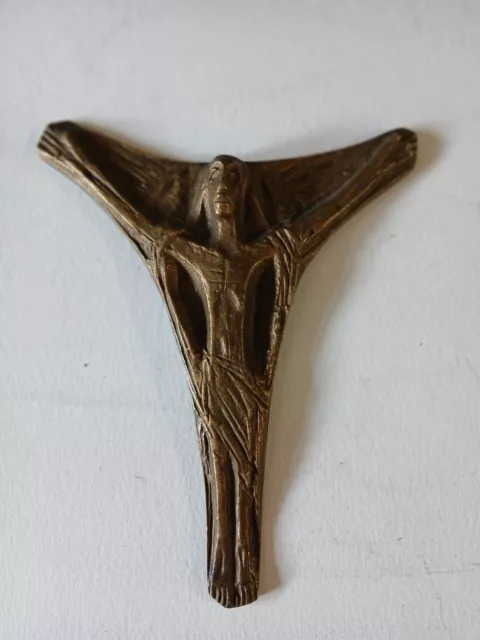 Small Brutalist Bronze Crucifix 1970s West German Mid-Century 14x11 cm