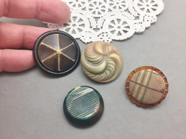 Vintage Celluloid  1" - 1 3/8" Button Lot 4 Hollow & Cloth Cover Art Deco Sewing