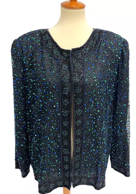 Vintage Laurence Kazar Donna Sera Perline Giacca Manica Lunga Misura 2X