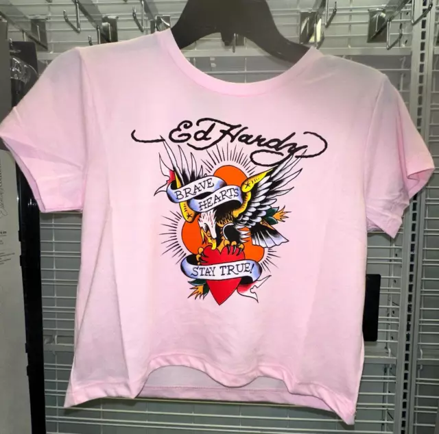 Camiseta corta Ed Hardy para mujer Brave Eagle Baby Tee Heart Stay True rosa talla M