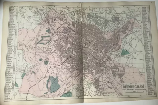 Antique 1881 Victorian City Map of BIRMINGHAM By G W Bacon 21 x 13”