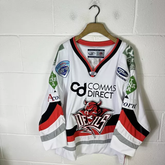 Cardiff Devils Jersey Mens Small White Ice Hockey Away Kit Welsh Elite Stitched