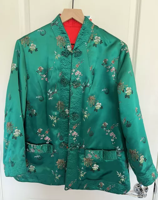 S-M Satin Embroidery Chinoiserie Reversible Jacket Pockets Red & Emerald Floral