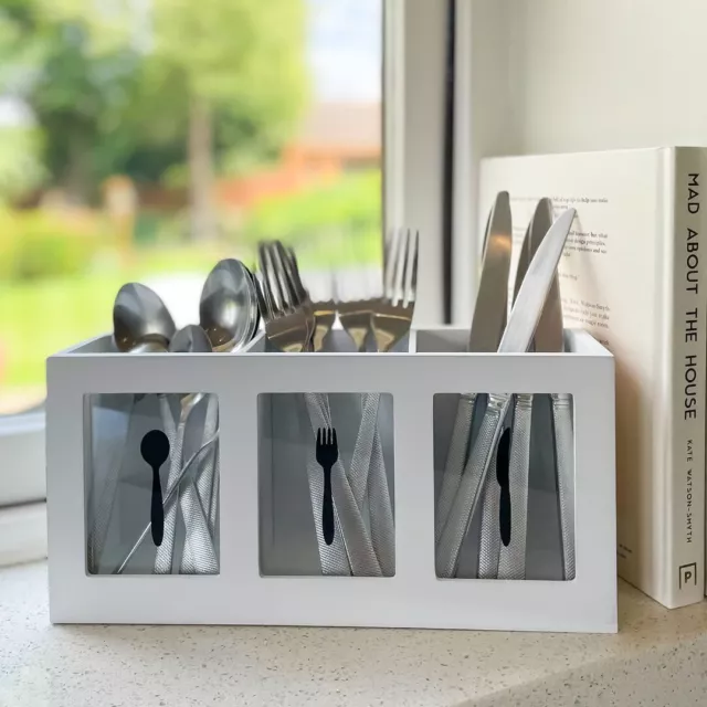 3 Compartment White Glass Cutlery Utensil Organiser Rack Holder