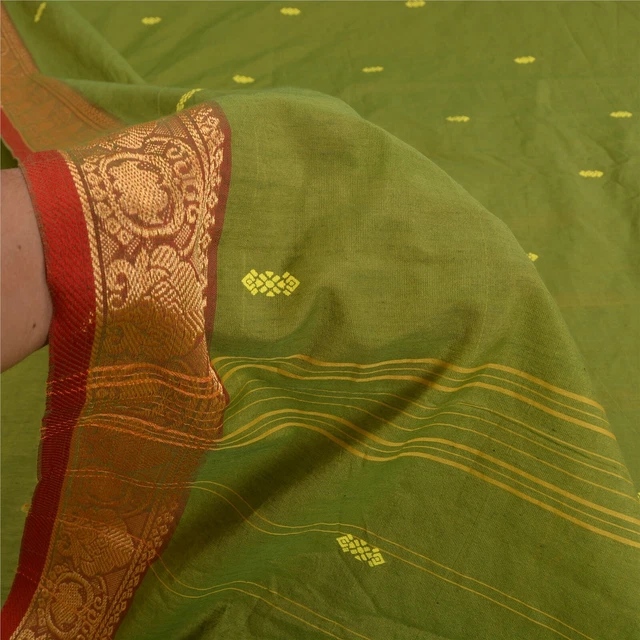 Sanskriti Vintage Sarees Green Pure Cotton Woven Printed Sari Soft Craft Fabric