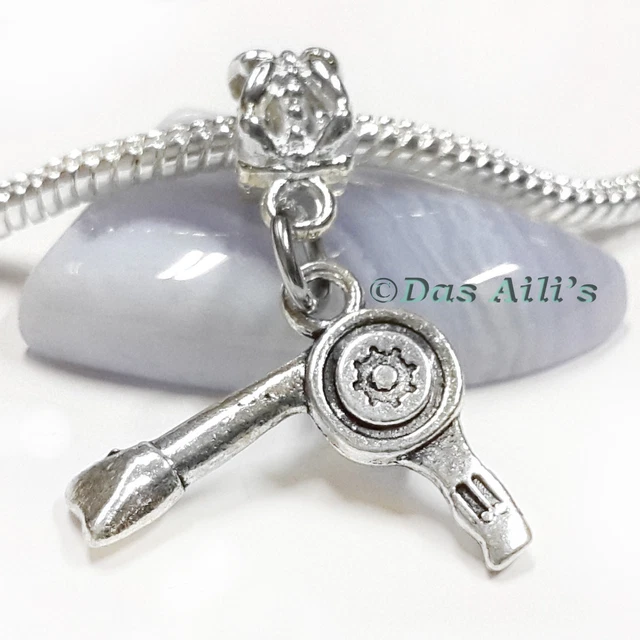 Silver Tone 3D Hair Dryer Stylist Salon European Dangle Slide Charm Fit Bracelet