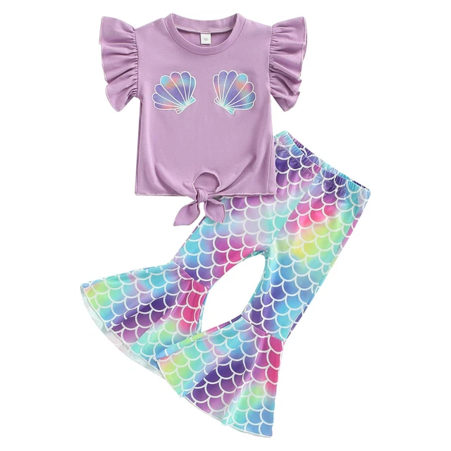 Baby Girl Outfit Flying Sleeve Shell Print Top+Fish Scales Bell-bottom Pants Set