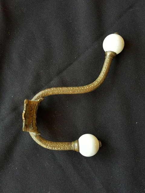 One Reclaimed Antique Brass & Porcelain Victorian Hat & Coat Hook (EB2)