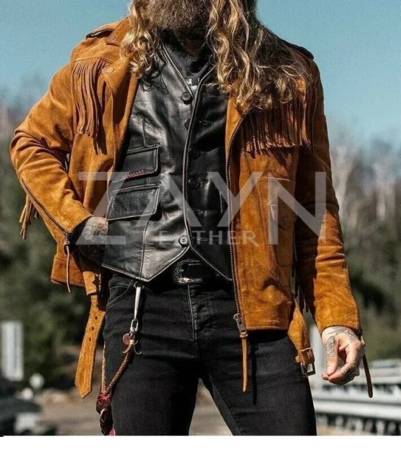 Uomo Originale Camoscio Marrone Frange Giacca Retrò Moto Biker con Cintura