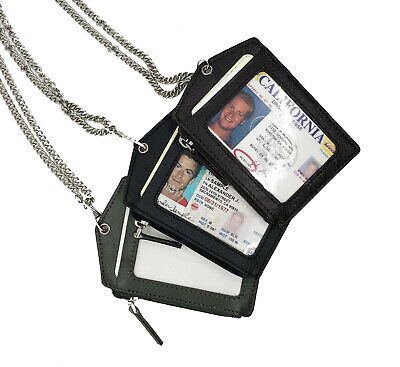 Genuine Leather Id Badge Holder Zippered Lanyard Metal Neck Chain Card Holder 3