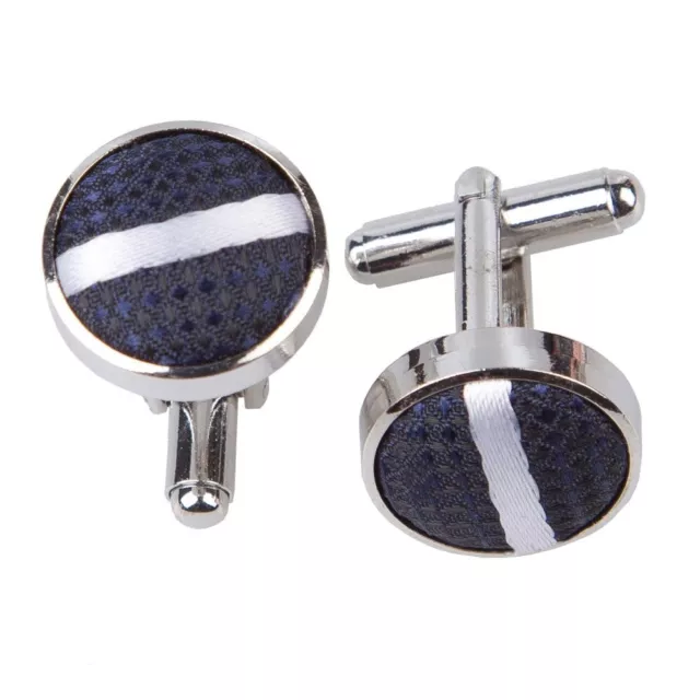 Navy & White Single Stripe Brass Fabric Inlay Mens Cufflinks by DQT