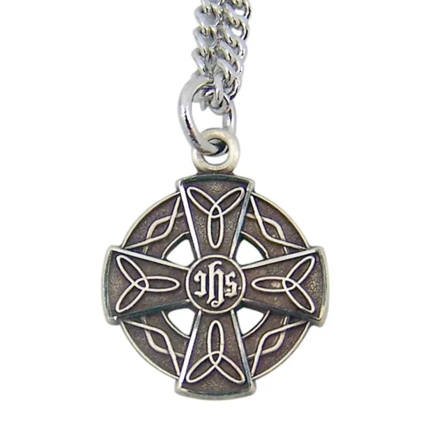 Sterling Silver Round Celtic Cross Pendant with IHS Center, 3/4 Inch