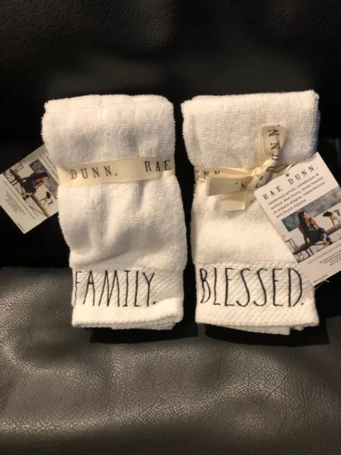 Rae Dunn Fingertip Towels Bath 12x18"  White Blessed Family two  sets for $28.99