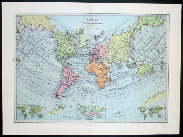 1885 George Philip Large Antique World Map on Herschel's Projection