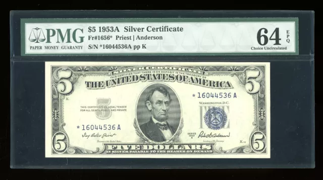 DBR 1953-A $5 Silver STAR Fr. 1656* PMG 64 EPQ Serial *16044536A