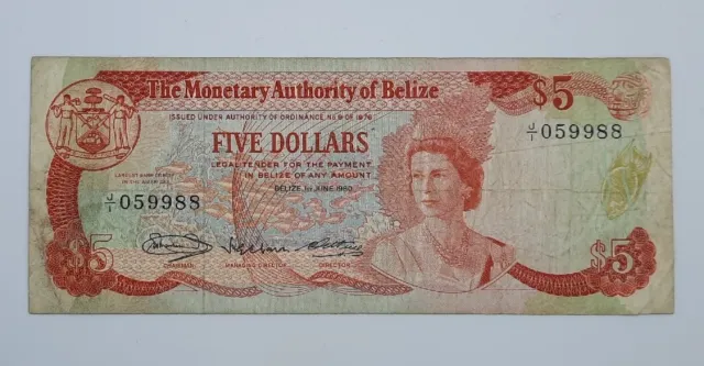 1980 - Monetary Authority Of Belize - $5 (Five) Dollars Banknote, No. J1 059988