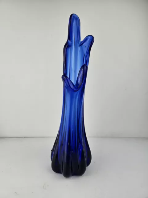 Vintage Art Glass Five Finger Swung Stretch Vase COBALT BLUE 28 cm